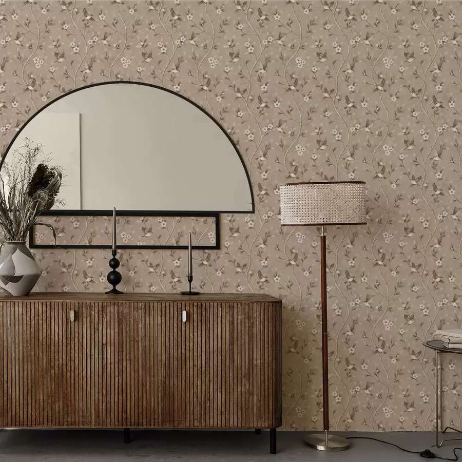 τοιχογραφίες Πουλιά και ανθισμένα κλαδιά σε ζεστούς σέπια τόνους a00882