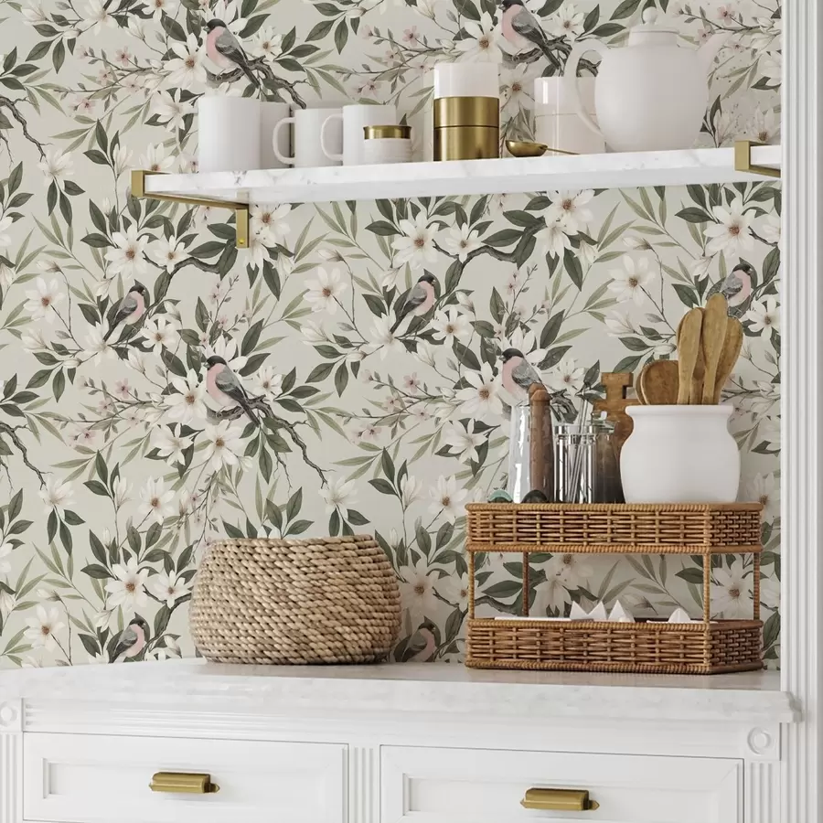 τοιχογραφίες Κοκκινόσυκα με λευκό στήθος σε κλαδιά με κρεμ λουλούδια a00889