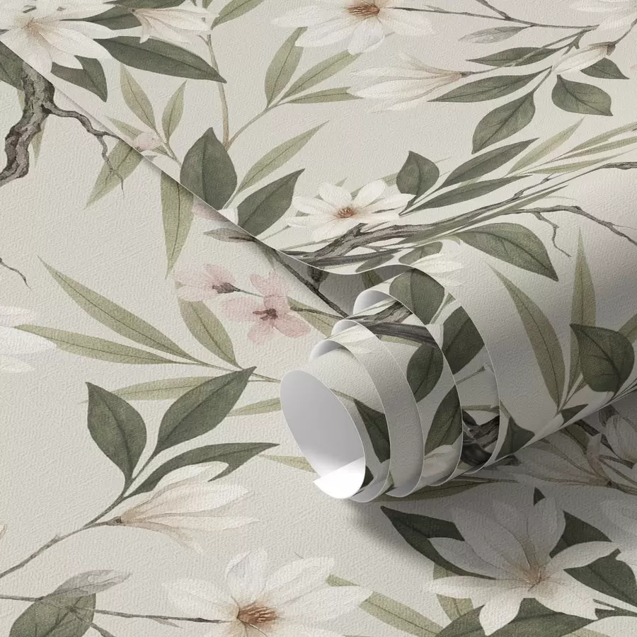 τοιχογραφίες Κοκκινόσυκα με λευκό στήθος σε κλαδιά με κρεμ λουλούδια a00889