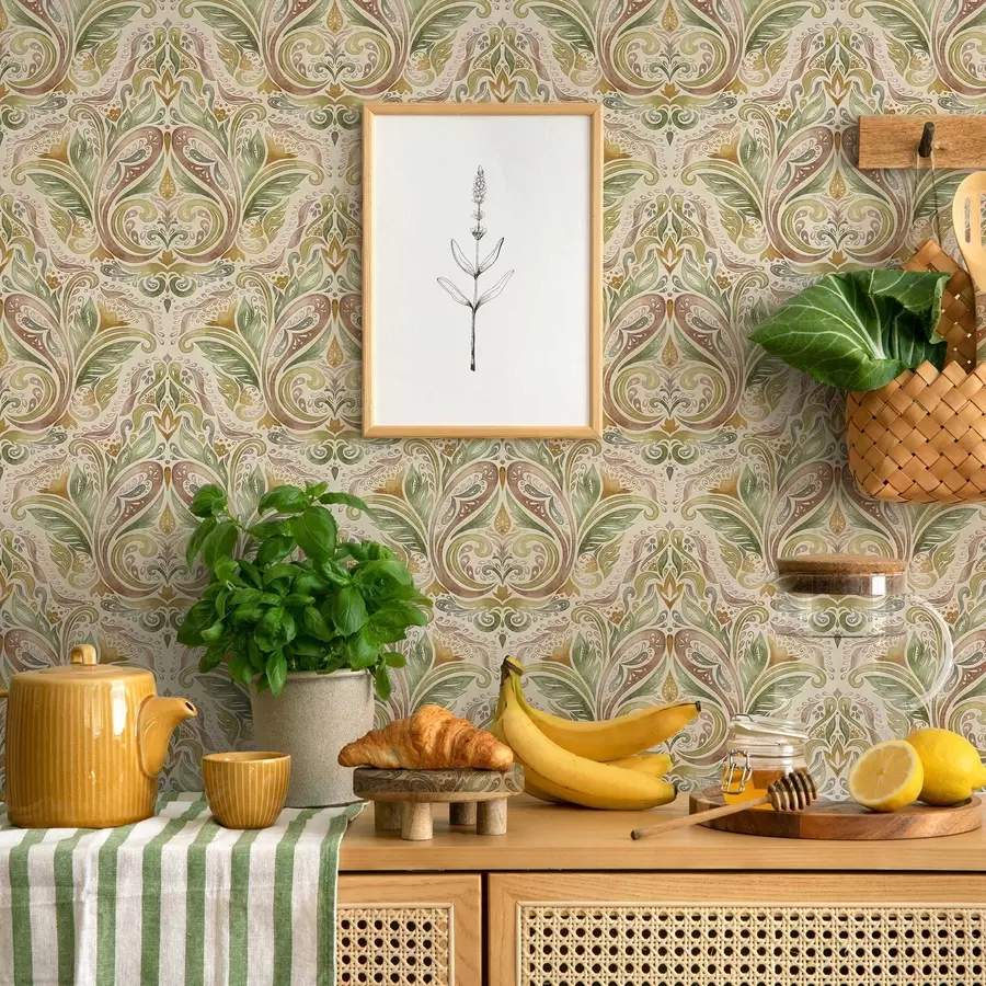 τοιχογραφίες Ακουαρέλα με φυλλώδεις σπείρες σε πράσινους και ζεστούς τόνους ώχρας a00927