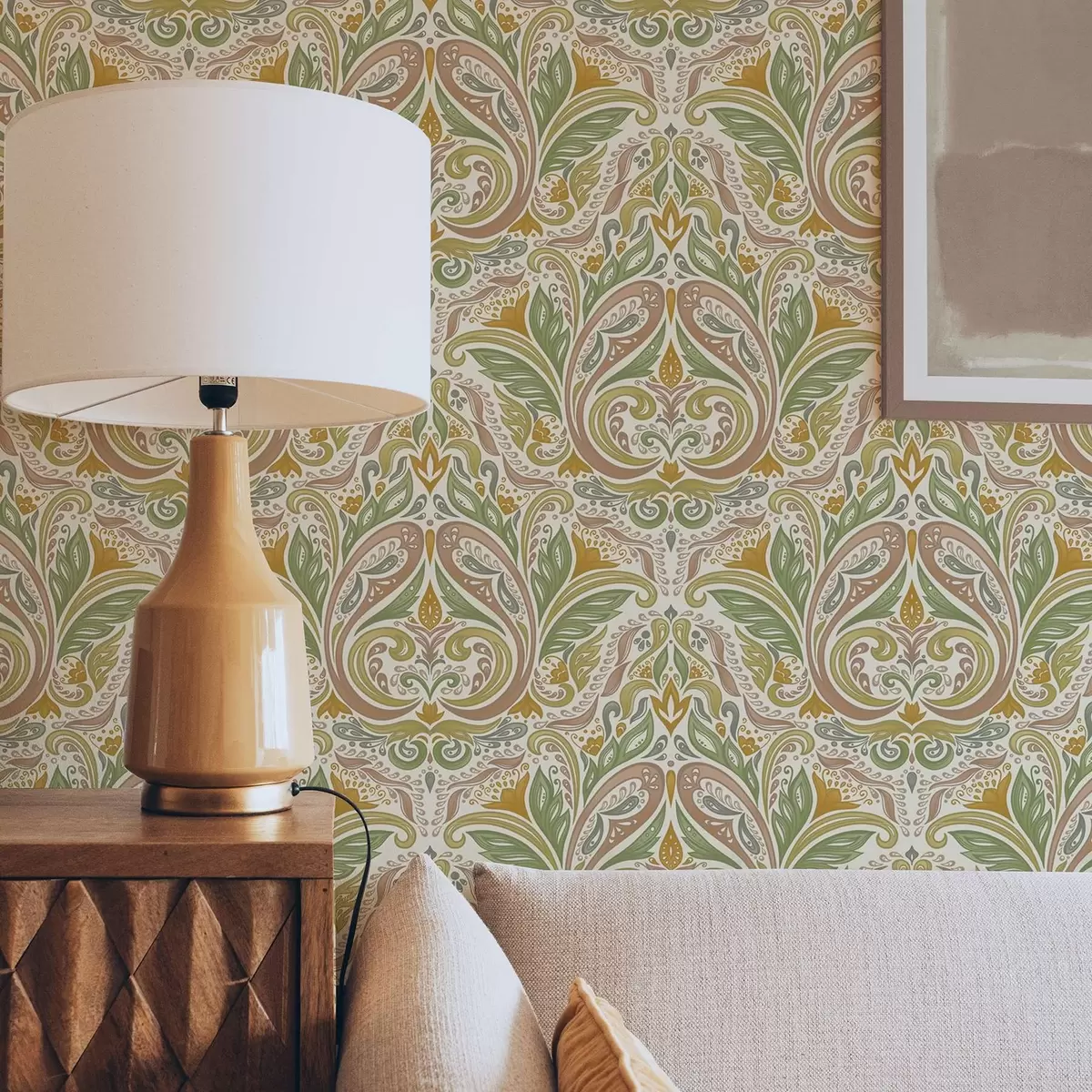 Ταπετσαρία Διακοσμητικά φυλλώδη στροβιλίσματα σε αποχρώσεις του πράσινου και του τερακότα a00927v1