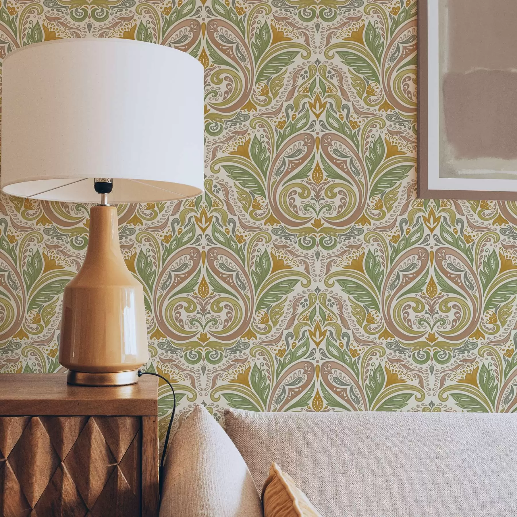 τοιχογραφίες Διακοσμητικά φυλλώδη στροβιλίσματα σε αποχρώσεις του πράσινου και του τερακότα a00927v1