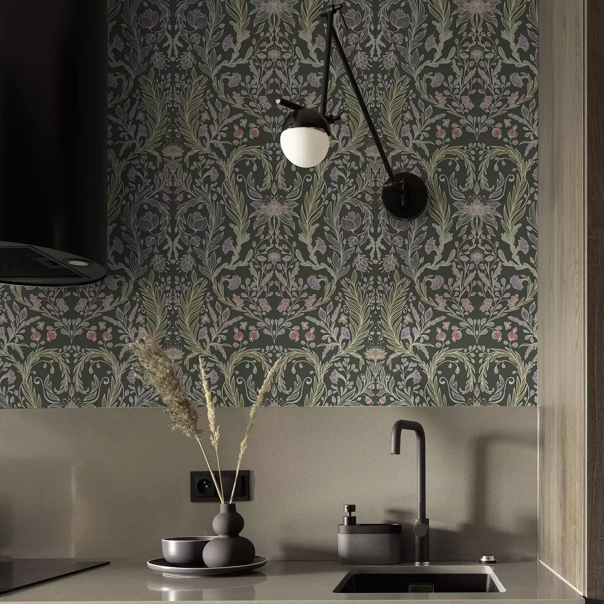 Ταπετσαρία Συμμετρικό φυτικό μοτίβο σε σκούρο πράσινο φόντο a00928