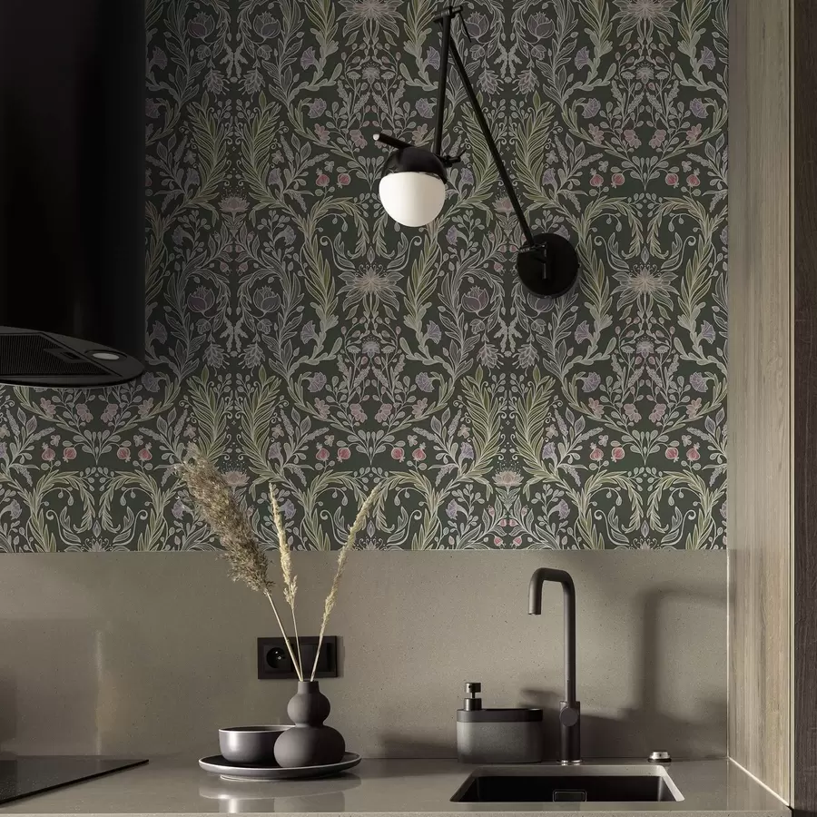 τοιχογραφίες Συμμετρικό φυτικό μοτίβο σε σκούρο πράσινο φόντο a00928
