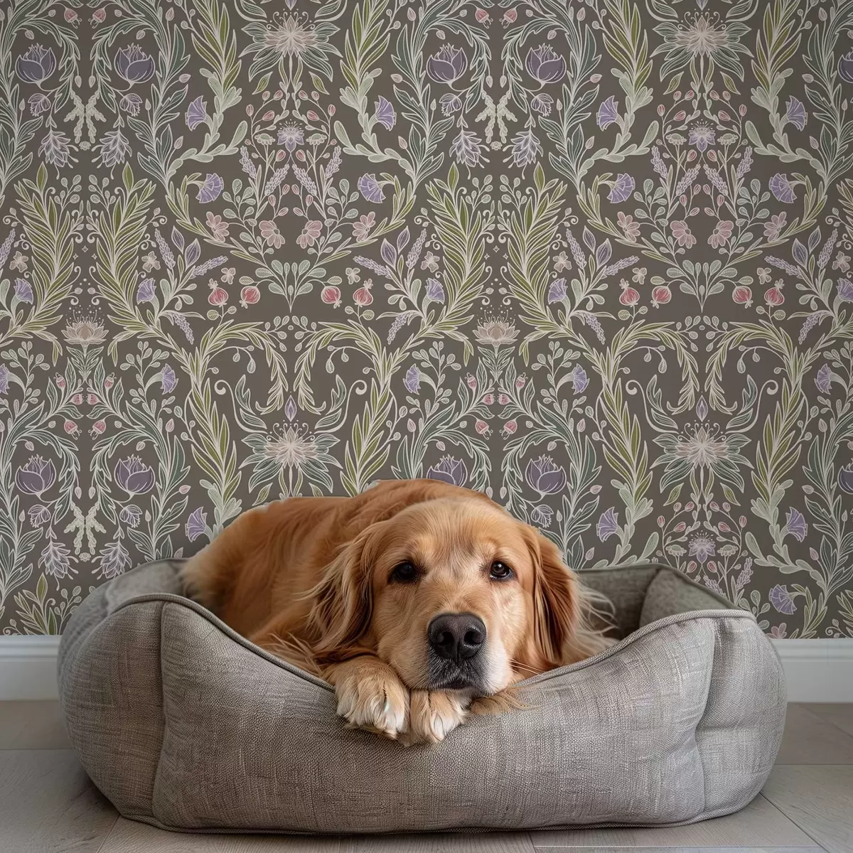 Ταπετσαρία Συμμετρικά λουλούδια και φύλλα σε καφέ-γκρι φόντο a00928v2