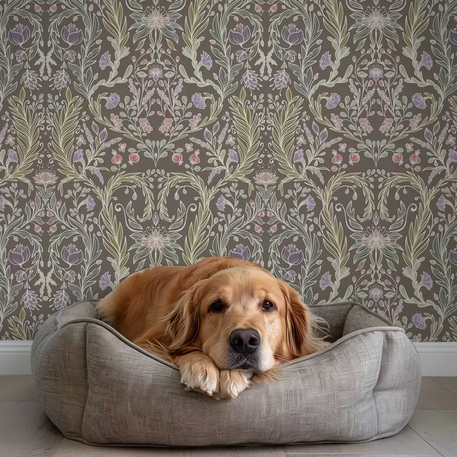 τοιχογραφίες Συμμετρικά λουλούδια και φύλλα σε καφέ-γκρι φόντο a00928v2