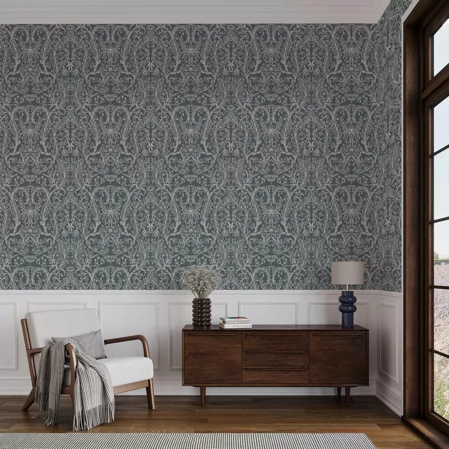 τοιχογραφίες Γραμμικό φυτικό μοτίβο σε μπλε-γκρι φόντο a00929v1