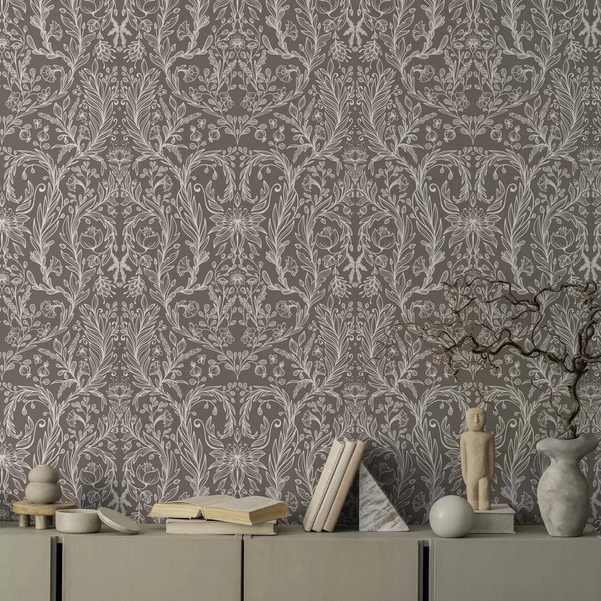 Ταπετσαρία Μονόχρωμο βοτανικό μοτίβο σε ζεστό καφέ χρώμα a00929v2