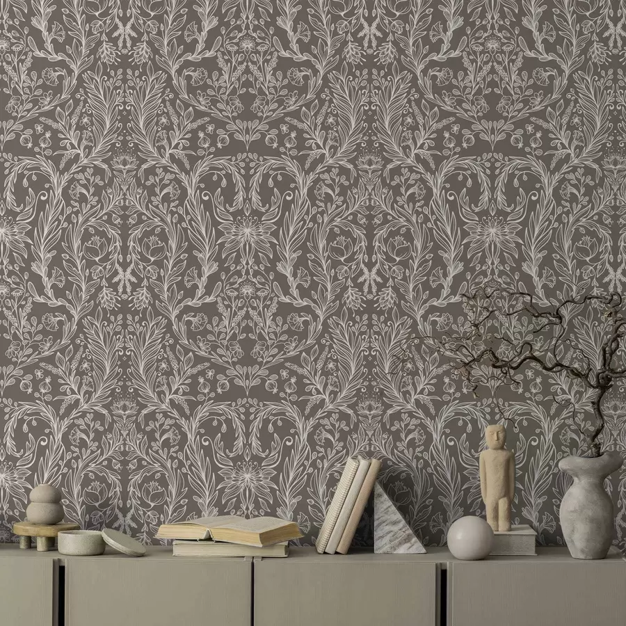 τοιχογραφίες Μονόχρωμο βοτανικό μοτίβο σε ζεστό καφέ χρώμα a00929v2