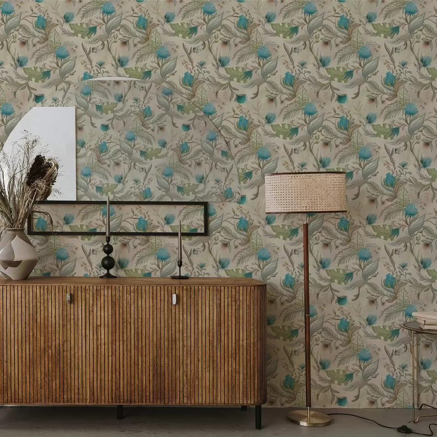 τοιχογραφίες Μπλε μπουμπούκια και φύλλα σε ανοιχτό μπεζ φόντο a00930