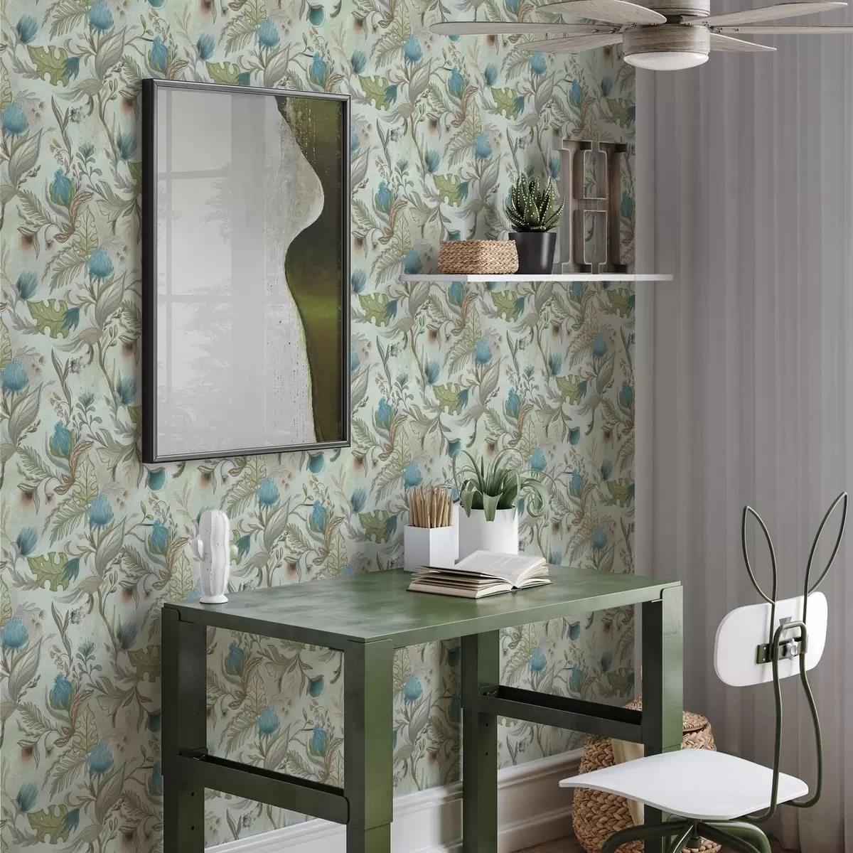 Ταπετσαρία Μπλε λουλούδια και πράσινο σε απαλό φόντο μενθόλης a00930v1