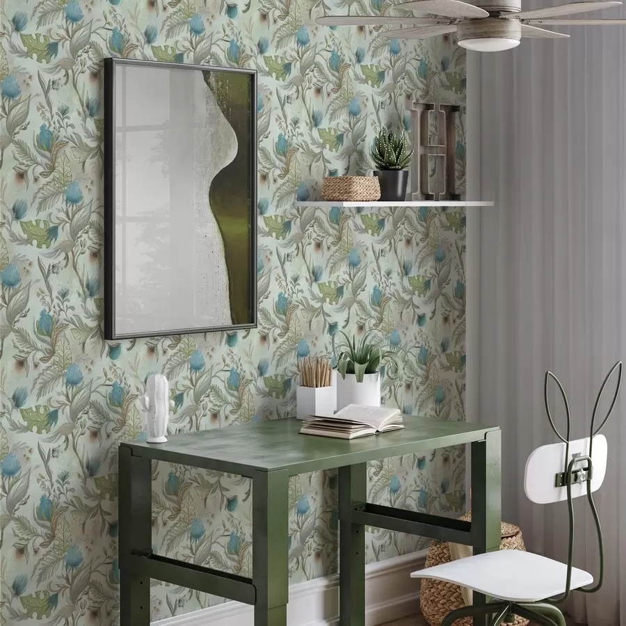 τοιχογραφίες Μπλε λουλούδια και πράσινο σε απαλό φόντο μενθόλης a00930v1