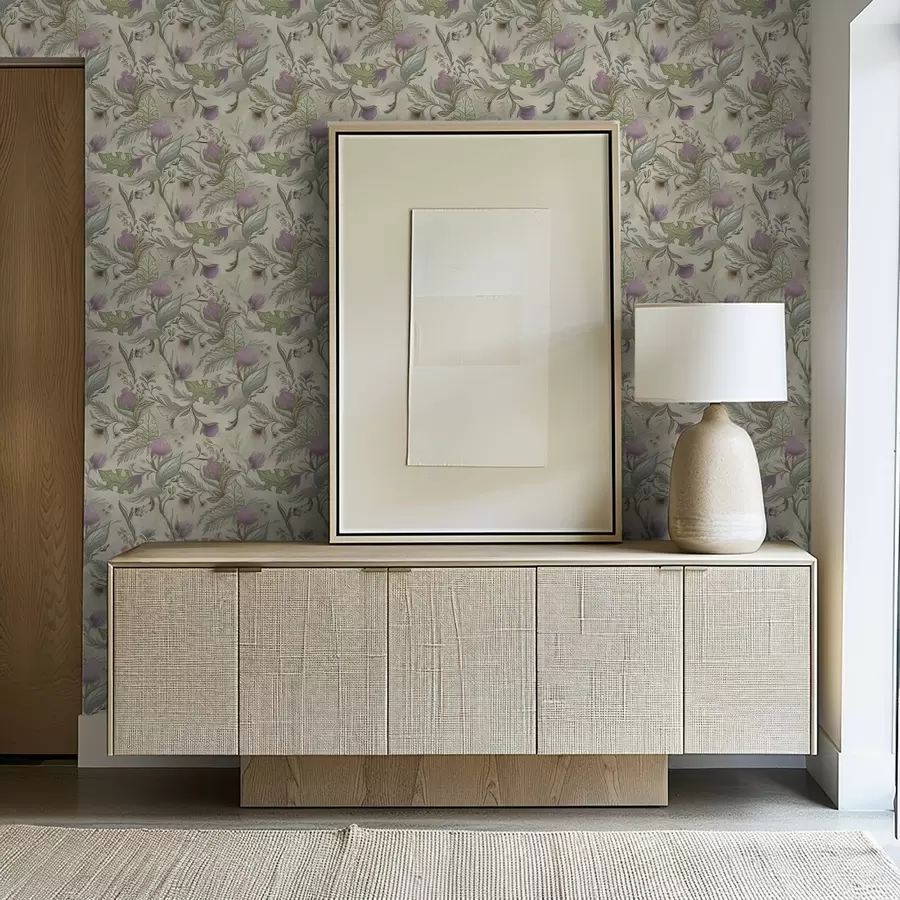 τοιχογραφίες Μπουμπούκια λιλά και απαλό πράσινο σε κρεμ φόντο a00930v2