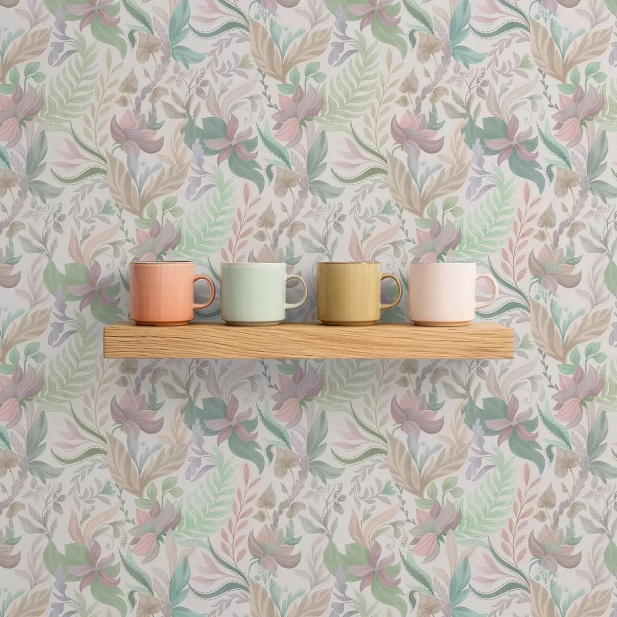 Ταπετσαρία Λεπτά παστέλ λουλούδια και φύλλα σε ανοιχτόχρωμο φόντο a00931