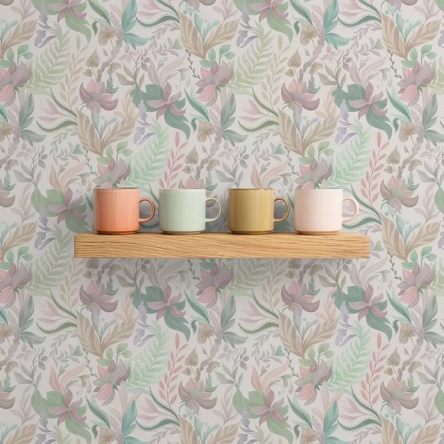 τοιχογραφίες Λεπτά παστέλ λουλούδια και φύλλα σε ανοιχτόχρωμο φόντο a00931