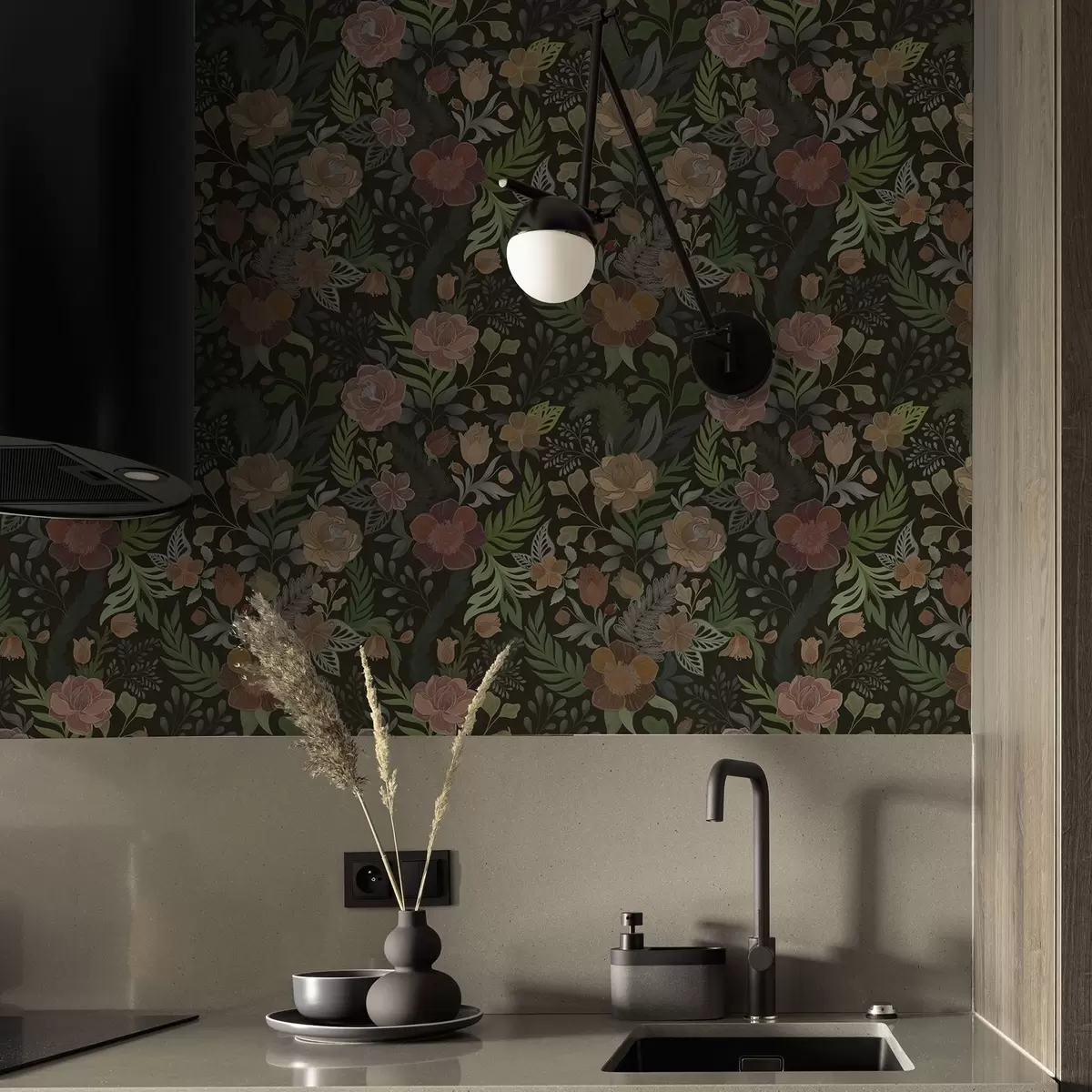 Ταπετσαρία Πλούσια λουλούδια και πράσινο σε βαθύ σκούρο φόντο a00932