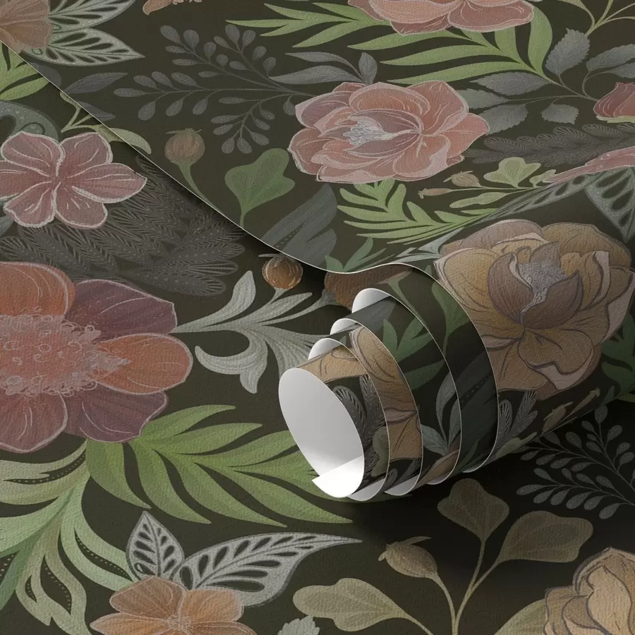 τοιχογραφίες Πλούσια λουλούδια και πράσινο σε βαθύ σκούρο φόντο a00932