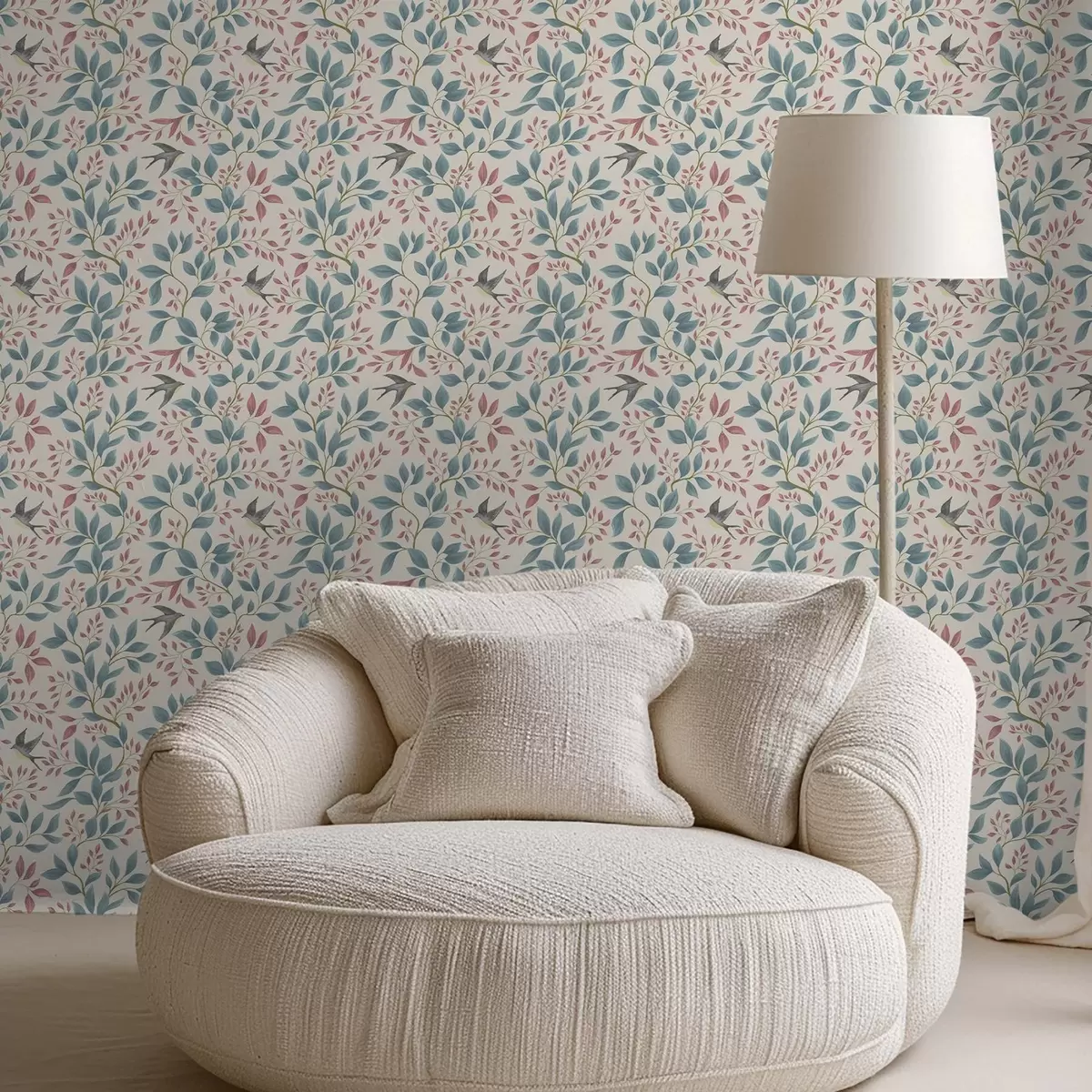 Ταπετσαρία Μπλε και ροζ κλαδιά με πουλιά σε κρεμ φόντο a00933