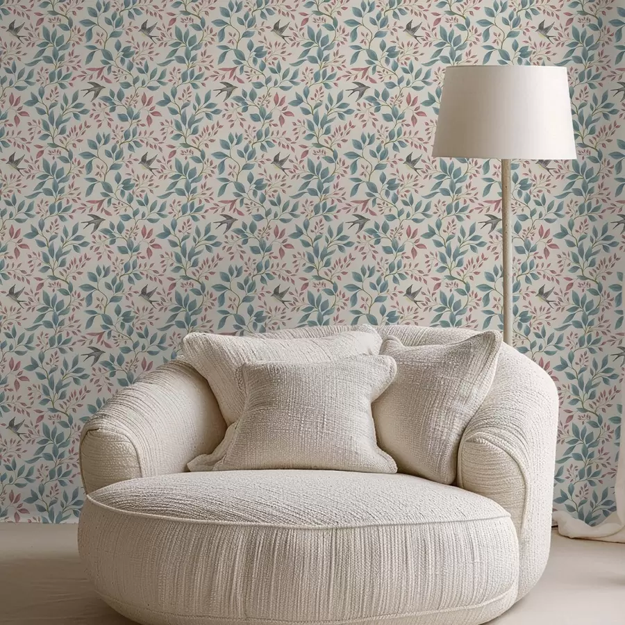 τοιχογραφίες Μπλε και ροζ κλαδιά με πουλιά σε κρεμ φόντο a00933