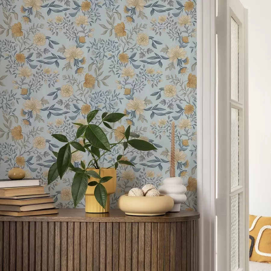 τοιχογραφίες Κίτρινα και μπλε λουλούδια με φύλλα σε γαλάζιο φόντο a00934