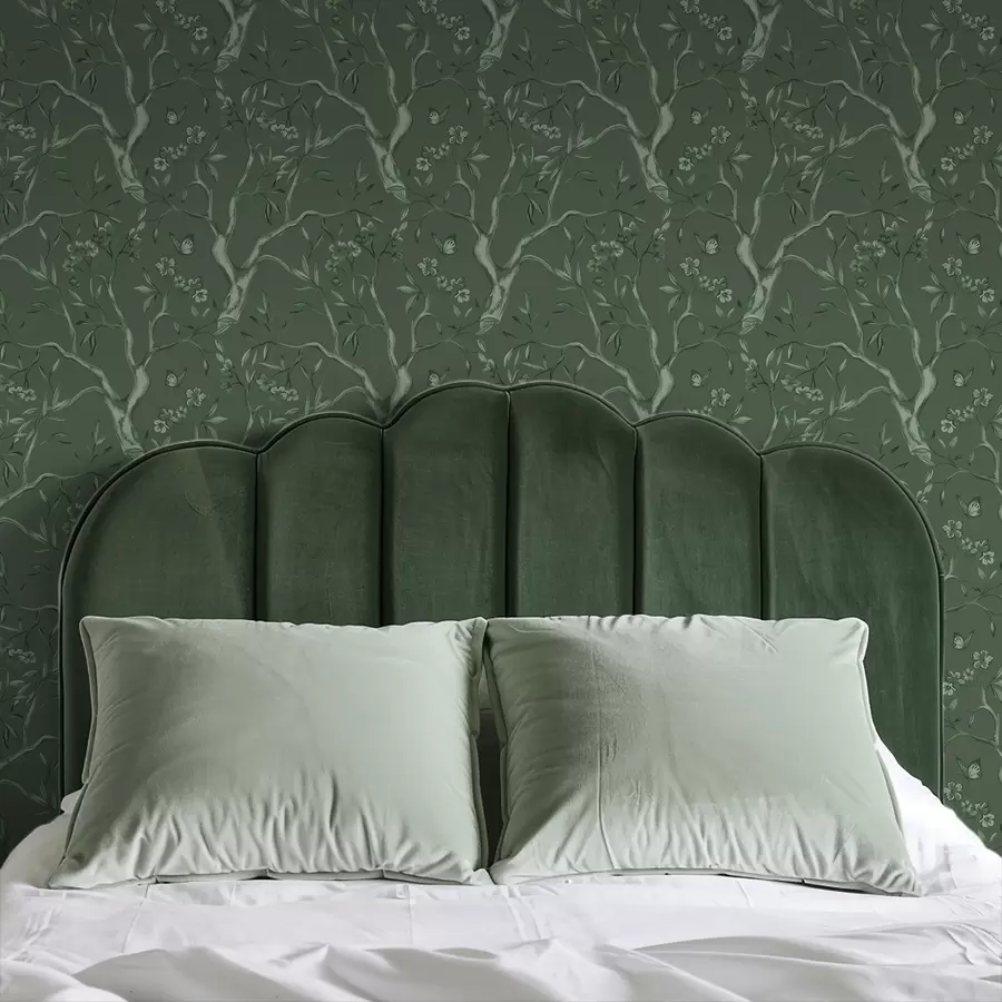 τοιχογραφίες Πράσινα ανθισμένα κλαδιά με πεταλούδες σε σκούρο φόντο a00951v3