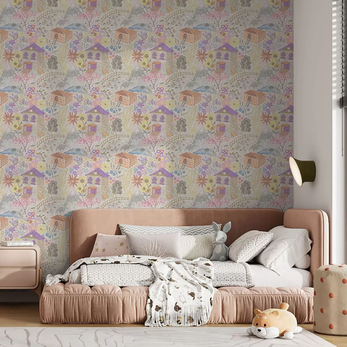 Ταπετσαρία Παιδικό σχέδιο χωριού με σπίτι, βουνά και λουλούδια a00952