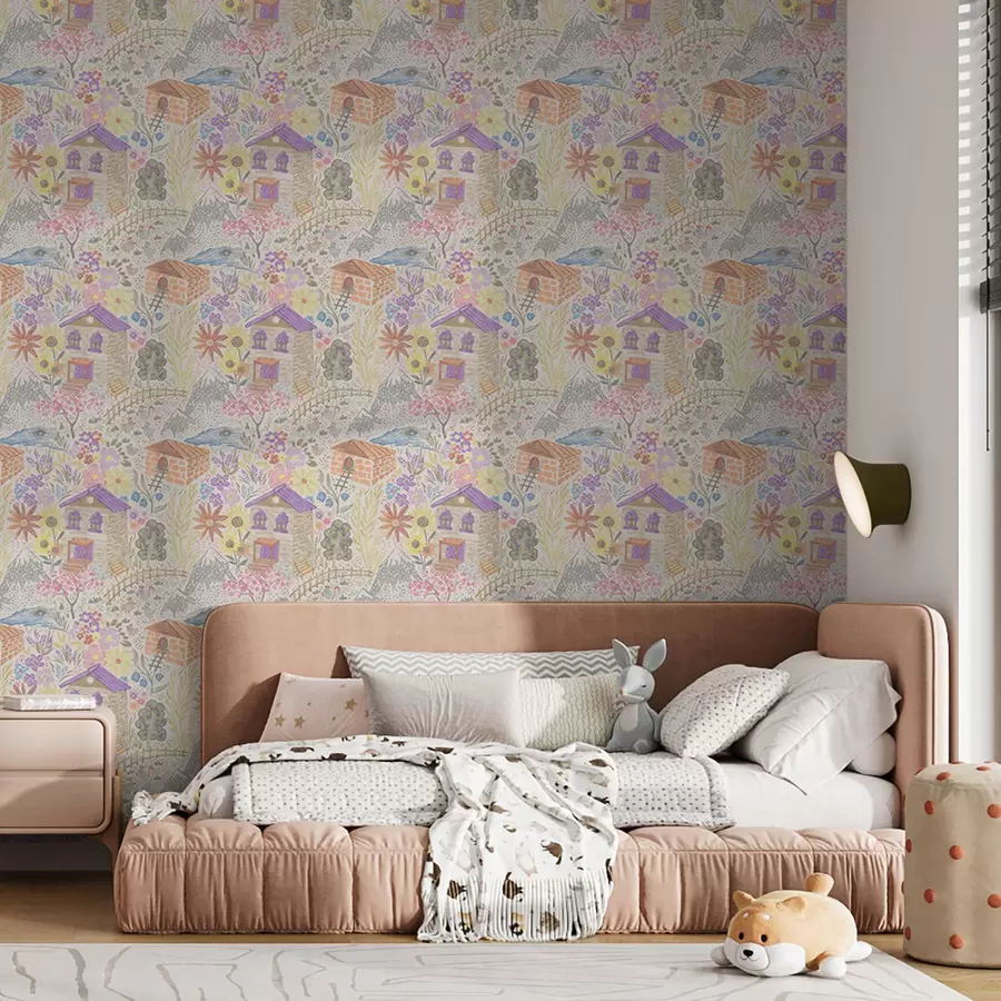 τοιχογραφίες Παιδικό σχέδιο χωριού με σπίτι, βουνά και λουλούδια a00952