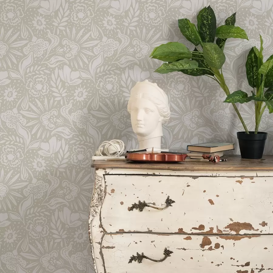 τοιχογραφίες Λευκό γραμμικό floral μοτίβο σε μπεζ φόντο a00956