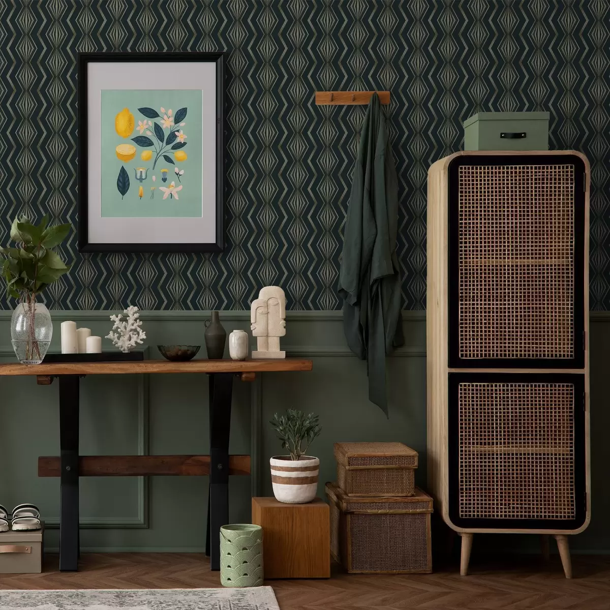 Ταπετσαρία Σκούρο τυρκουάζ γεωμετρικό μοτίβο με διαμάντια a00973v1