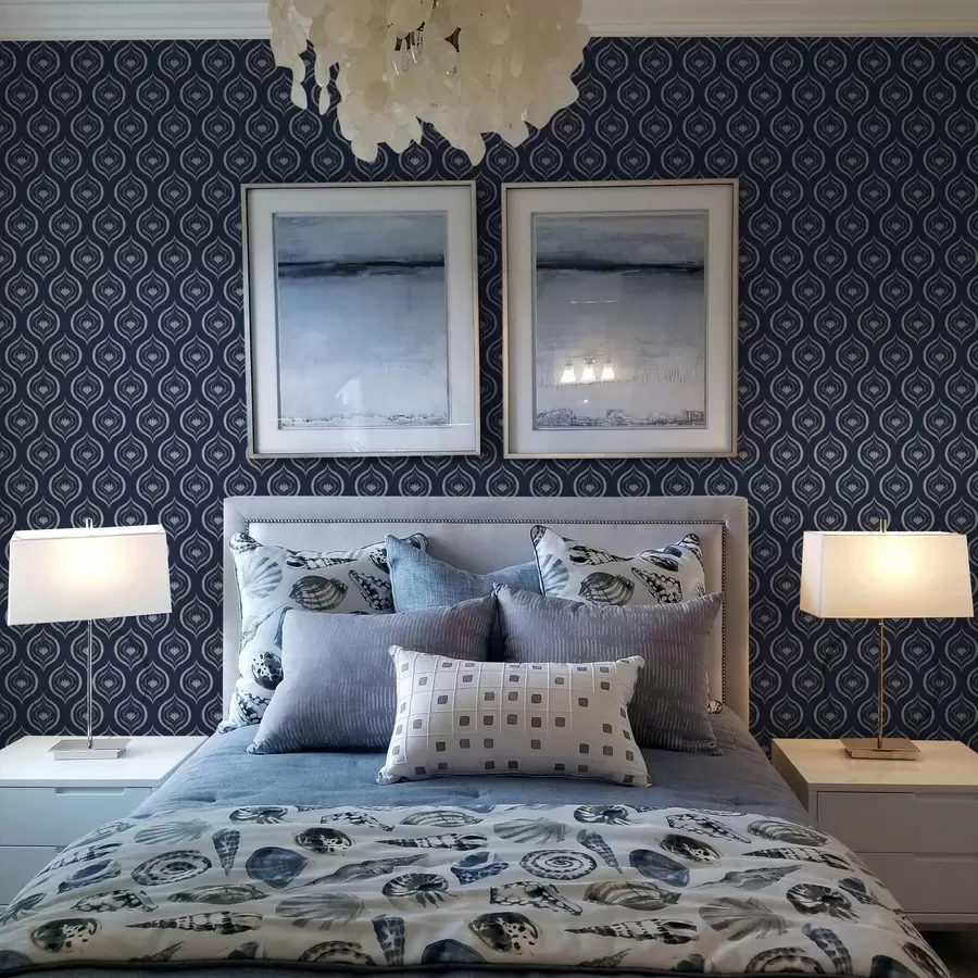 τοιχογραφίες Αντιθετικά μοτίβα σταγονιδίων με λουλούδι σε σκούρο μπλε φόντο a00977v1