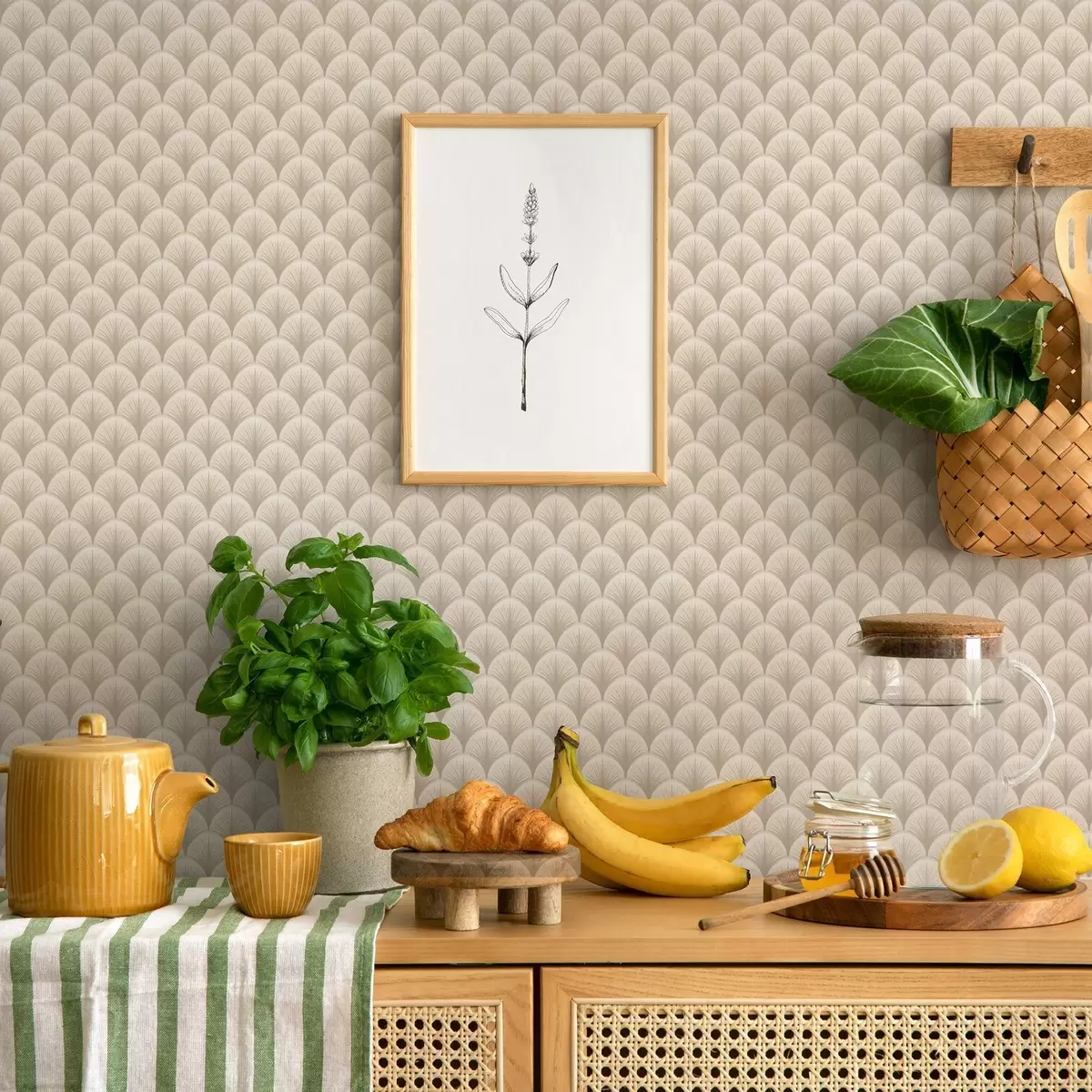 Ταπετσαρία Μπεζ αψίδες με λεπτές ακτίνες σε ανοιχτόχρωμο φόντο a00978