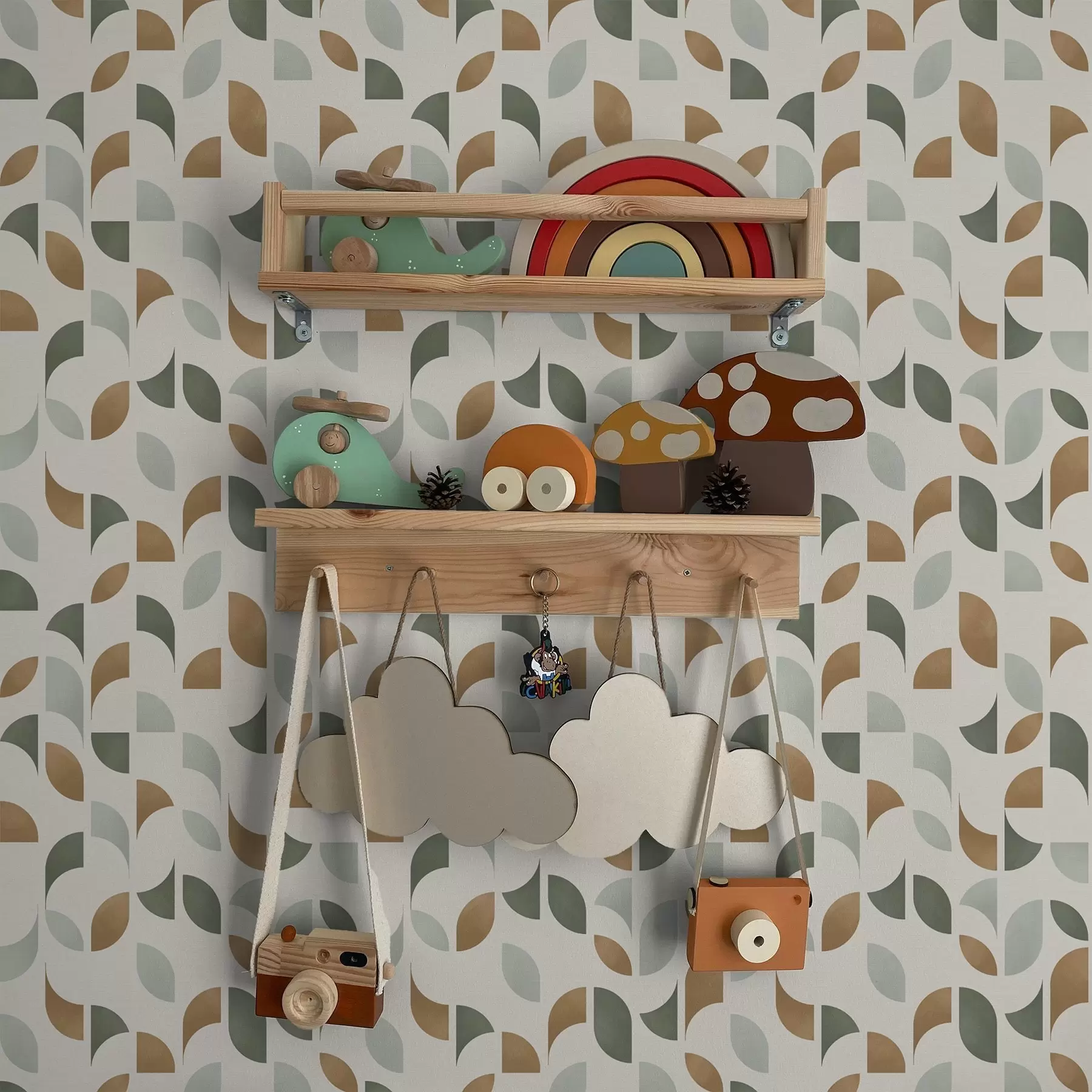 τοιχογραφίες Αφηρημένα ημικύκλια και φύλλα σε πράσινο και τερακότα a00985