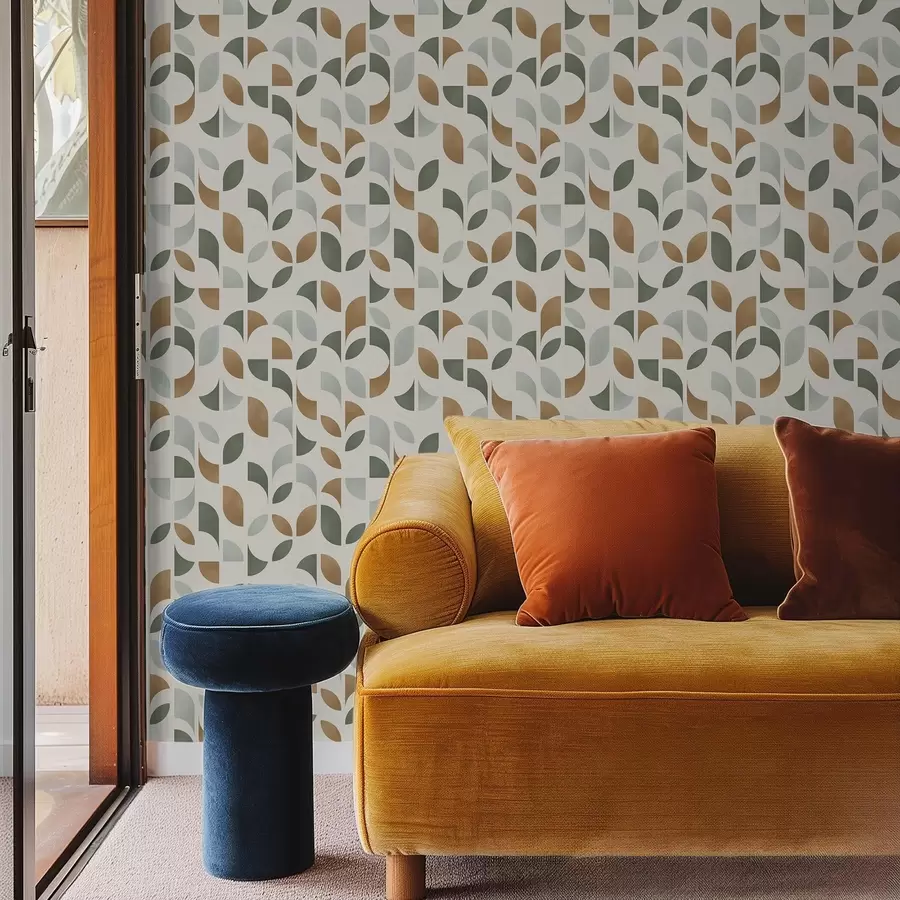 τοιχογραφίες Κάθετες στήλες από ημικύκλια και φύλλα, πράσινο-τερακότα a00986