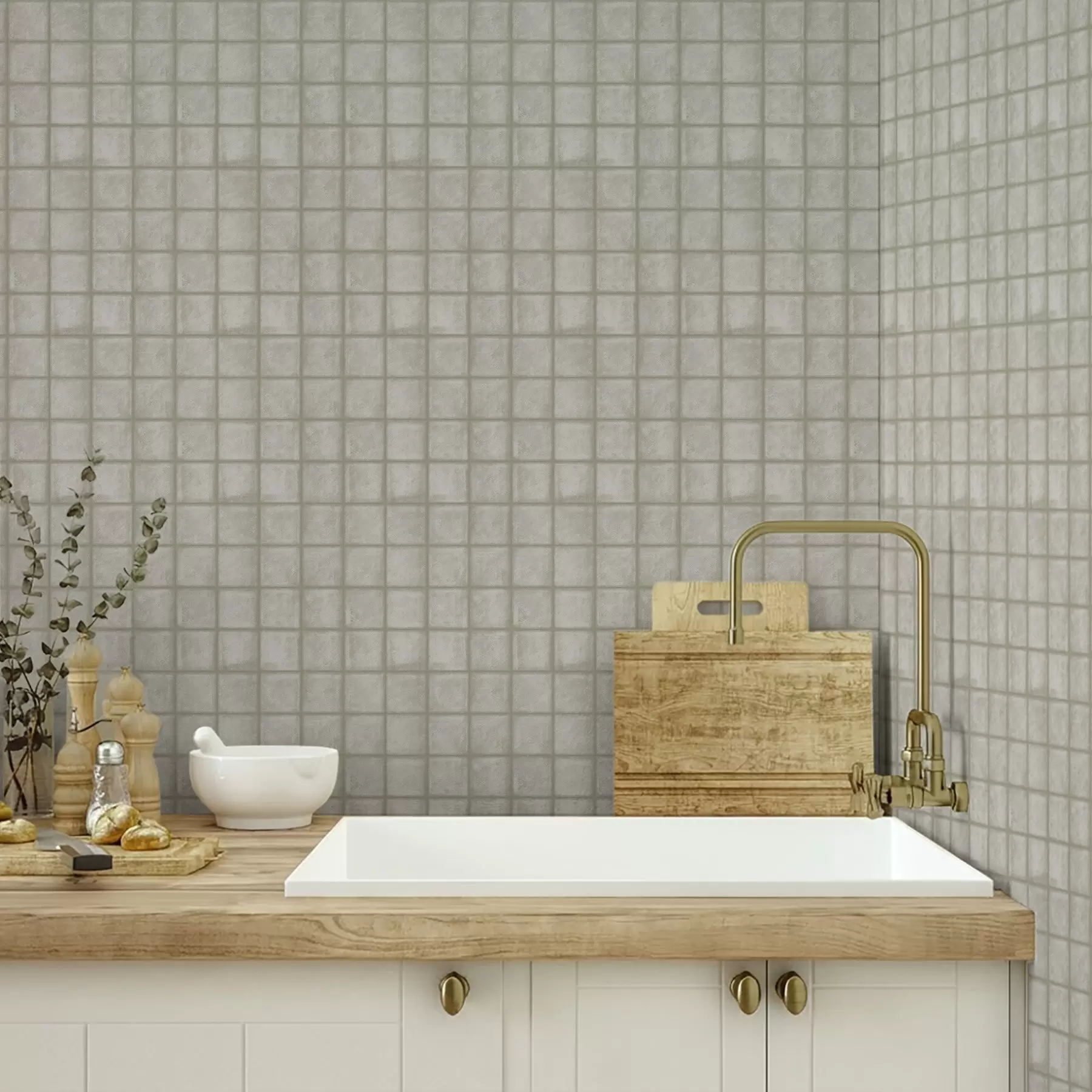 τοιχογραφίες Μίμηση τετράγωνων πλακιδίων σε απαλή γκρι-πράσινη παλέτα a00988