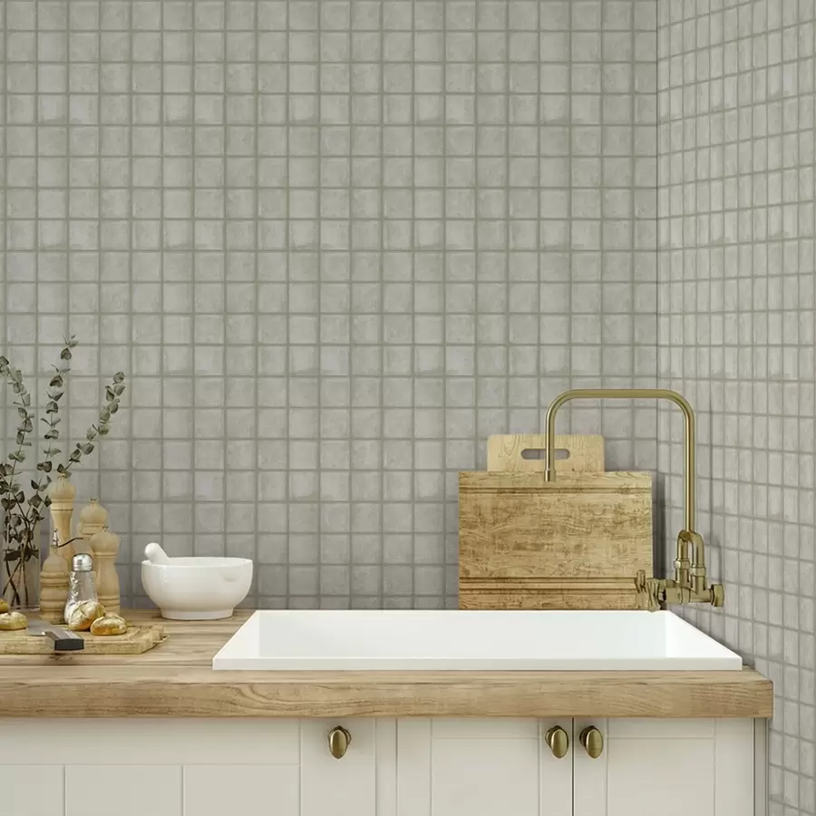 τοιχογραφίες Μίμηση τετράγωνων πλακιδίων σε απαλή γκρι-πράσινη παλέτα a00988