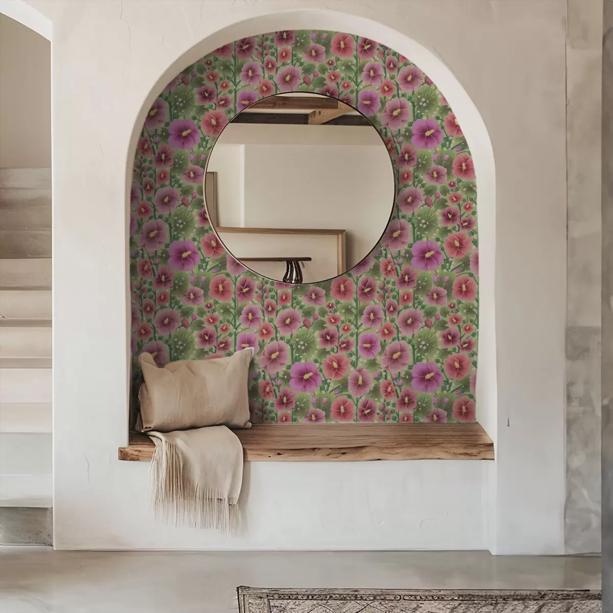 Ταπετσαρία Μεγάλα λουλούδια και φύλλα ιβίσκου σε σκούρο πράσινο φόντο a00993