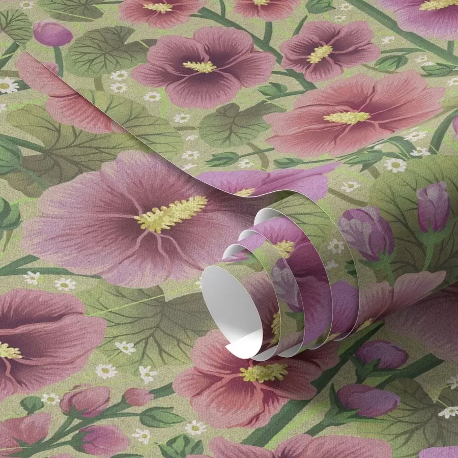 τοιχογραφίες Μεγάλα λουλούδια και φύλλα ιβίσκου σε σκούρο πράσινο φόντο a00993