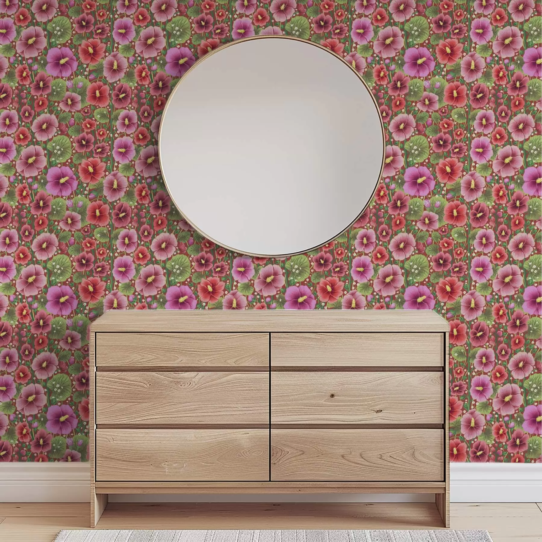 τοιχογραφίες Ανθισμένος ιβίσκος σε ζεστό καφέ-κόκκινο φόντο a00993v1