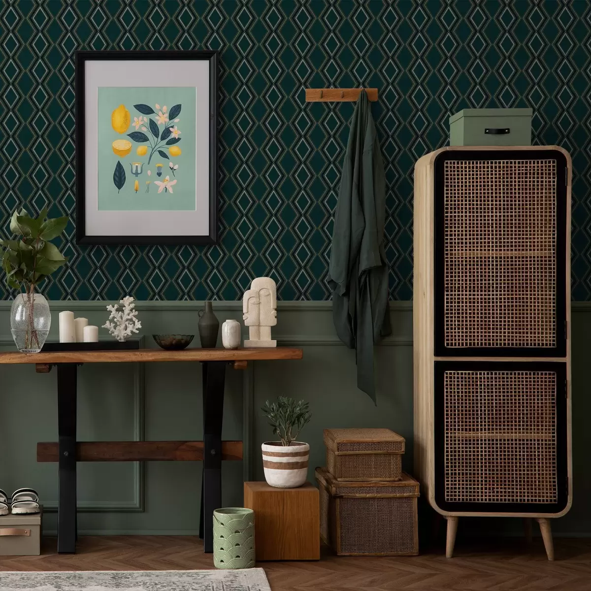 Ταπετσαρία Σκούρο τυρκουάζ-πράσινο φόντο με κάθετες σειρές διαμαντιών a00976