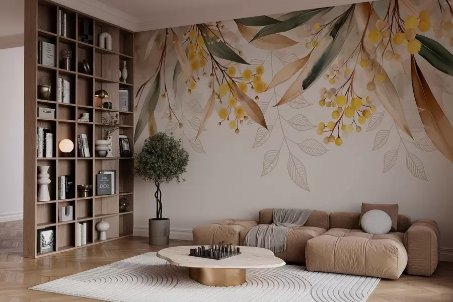 τοιχογραφίες λουλούδια και φύλλα μιμόζας που πέφτουν από ψηλά σε στυλ ακουαρέλας w04880