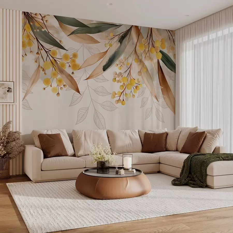 τοιχογραφίες λουλούδια και φύλλα μιμόζας που πέφτουν από ψηλά σε στυλ ακουαρέλας w04880