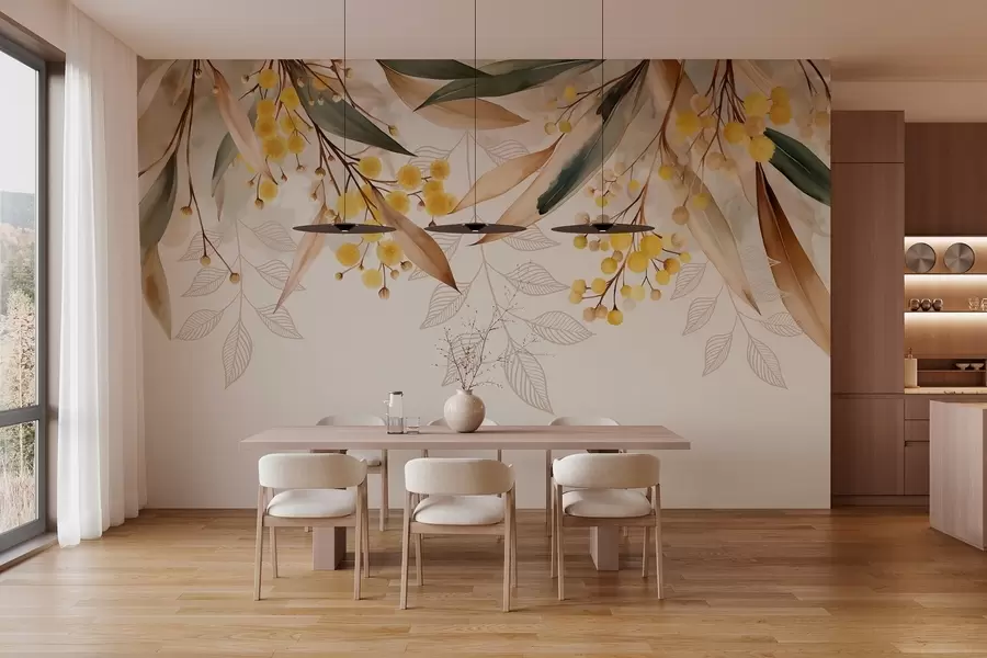 τοιχογραφίες λουλούδια και φύλλα μιμόζας που πέφτουν από ψηλά σε στυλ ακουαρέλας w04880