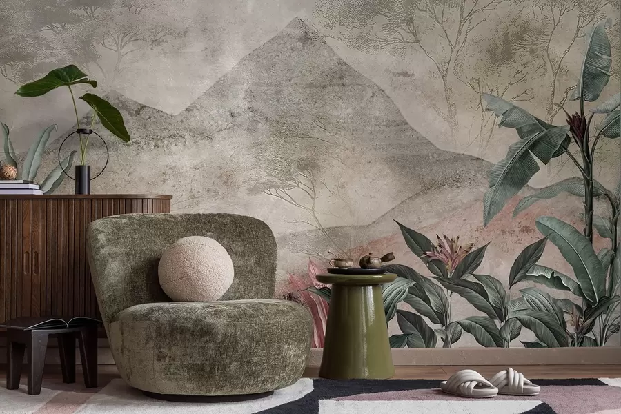 τοιχογραφίες Παστέλ φύλλα μπανανιάς και τροπικά λουλούδια με φόντο τα βουνά w04933