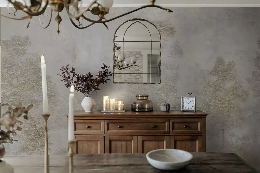 τοιχογραφίες Ομιχλώδες δάσος με λευκό ερωδιό και απαλή υφή w04953