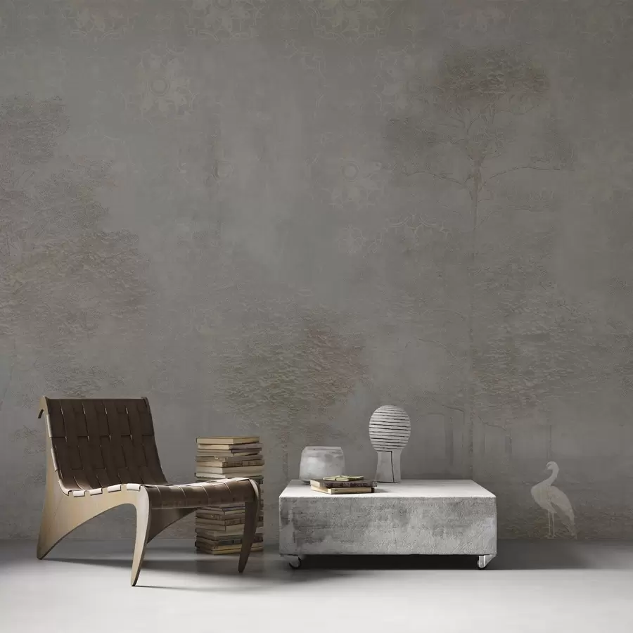 τοιχογραφίες Ομιχλώδες δάσος με έναν ερωδιό και διακοσμητικό μοτίβο από πάνω w04953v1