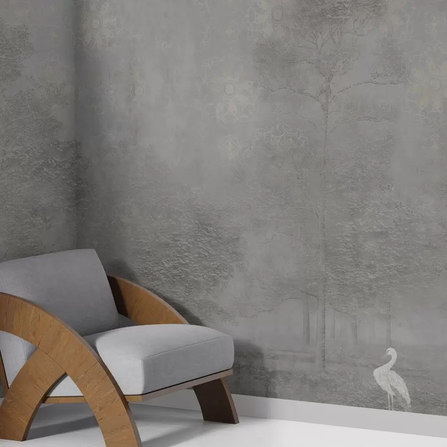 τοιχογραφίες Ελαφρύ ομιχλώδες δάσος με ερωδιό σε δροσερούς γκρι τόνους w04953v2