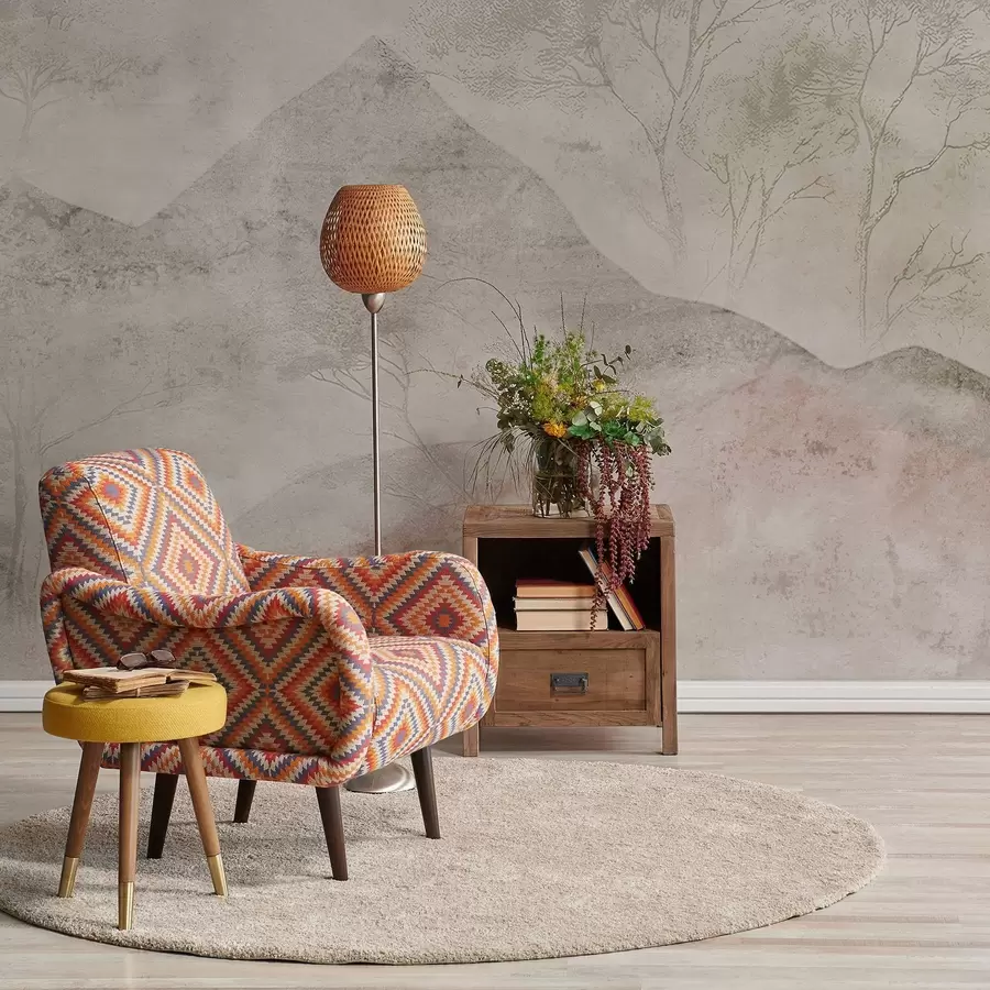 τοιχογραφίες Απαλά παστέλ βουνά και δέντρα σε ελαφριά ομίχλη w04954