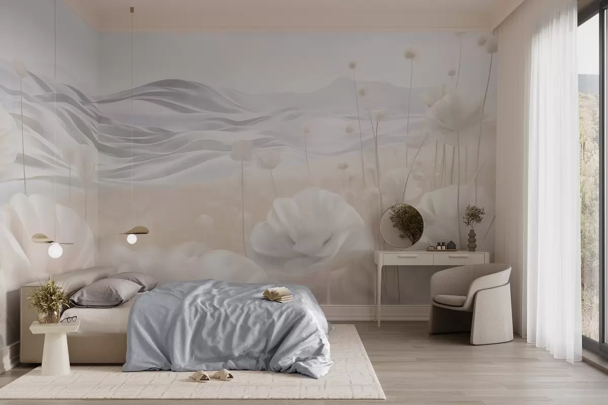 τοιχογραφίες Πεδίο με κρεμώδεις παπαρούνες και κυματιστούς λόφους κάτω από ένα ανοιχτό μπλε ουρανό με απαλά σύννεφα, παστέλ χρώματα w09553