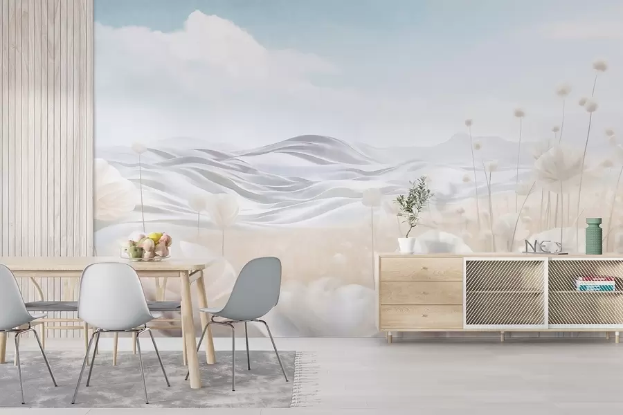τοιχογραφίες Πεδίο με κρεμώδεις παπαρούνες και κυματιστούς λόφους κάτω από ένα ανοιχτό μπλε ουρανό με απαλά σύννεφα, παστέλ χρώματα w09553