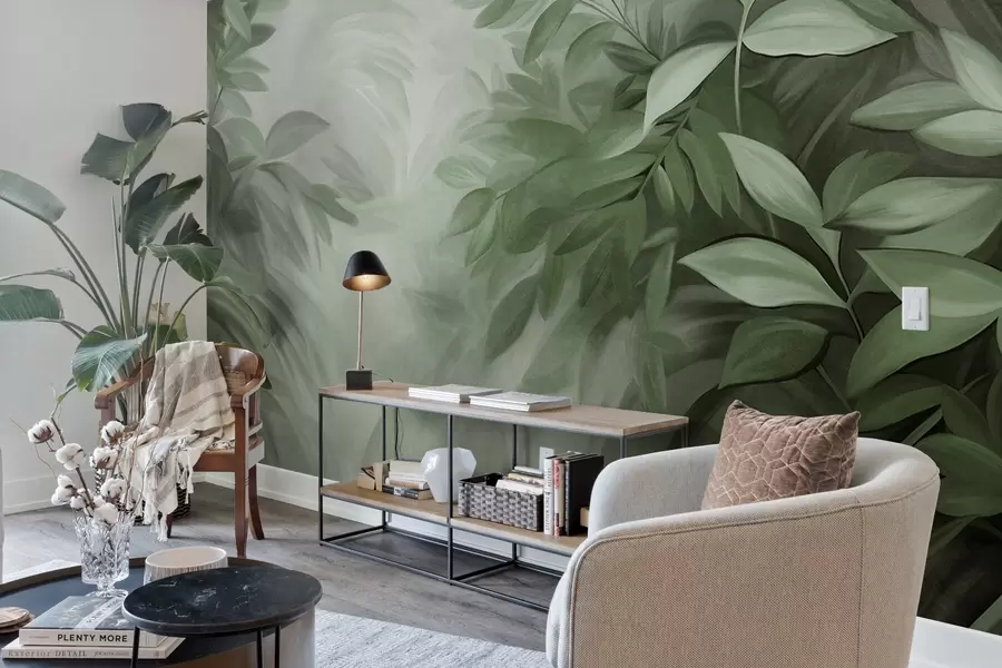 τοιχογραφίες Πράσινα και γκρι φύλλα με απαλό, θολωτό φύλλωμα, σε ζωγραφικό στυλ με ορατές πινελιές w09584v1